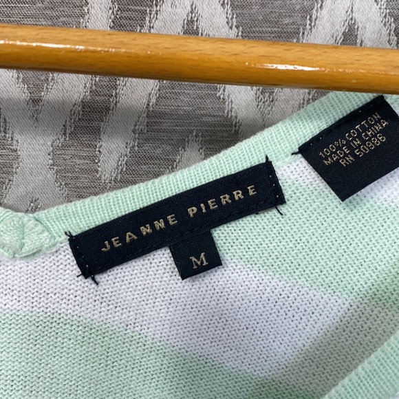 Jeanne Pierre Sweater 100% Cotton V-Neck Teal & White Chevron 3/4 Sleeves Medium - Picture 3 of 4